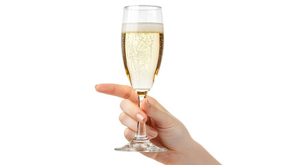 glass of champagne in a woman's hand isolated on a white background - obrazy, fototapety, plakaty