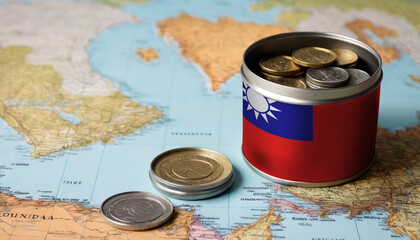 A jar filled with cash, displaying the Taiwan flag, sits atop a map. Saving for vacation, leisure activities. Financial planning, travel budget allocation - obrazy, fototapety, plakaty