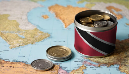 A jar filled with cash, displaying the Trinidad and Tobago flag, sits atop a map. Saving for vacation, leisure activities. Financial planning, travel budget allocation - obrazy, fototapety, plakaty