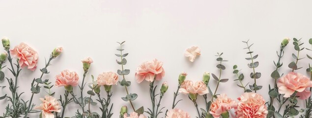 A large, studio-lit banner image featuring pastel peach-colored flowers and eucalyptus against a white background