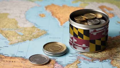 A jar filled with cash, displaying the Maryland flag, sits atop a map. Saving for vacation, leisure activities. Financial planning, travel budget allocation - obrazy, fototapety, plakaty