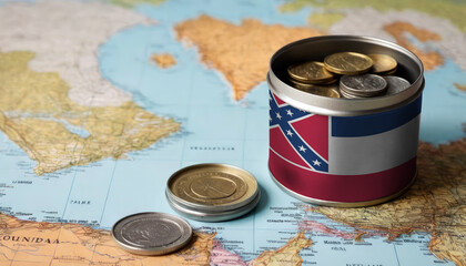 A jar filled with cash, displaying the Mississippi flag, sits atop a map. Saving for vacation, leisure activities. Financial planning, travel budget allocation - obrazy, fototapety, plakaty