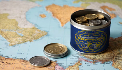 A jar filled with cash, displaying the Nebraska flag, sits atop a map. Saving for vacation, leisure activities. Financial planning, travel budget allocation