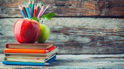 
 A Stack of Books with Pencils and an Apple for Academic Pursuits. Books, Pencils, and an Apple for Studious Minds. - obrazy, fototapety, plakaty