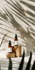 Skin Care Product Background. Beauty concept with Cosmetic Tonic and Serum in Blank Packages on White Wall with Palm Leaves Shadows