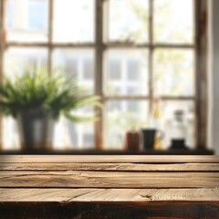 Blank Space Table. Interior Design with Empty Desk in Light Room with Blurred Window Background