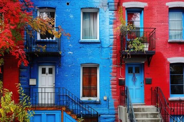 Naklejka premium Blue Houses in Montreal: Beautiful and Colorful Architecture in Quebec, Canada
