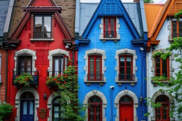 Blue Houses in Montreal. Colorful Facades Showcase the Beauty of Canadian Architecture - obrazy, fototapety, plakaty
