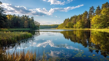 A serene lake surrounded by lush forests under a clear blue sky, reflecting natural beauty and tranquility