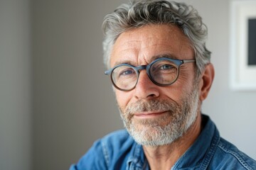 Man Home. Portrait of Middle-aged Man with Trendy Eyeglasses and Blue Shirt - obrazy, fototapety, plakaty