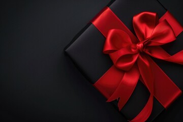 Holiday Celebration Background. Beautiful Black Gift Box with Bright Red Ribbon
