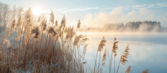 Gorgeous reeds with warm sunlight and a misty fog surrounding them on the lake side during the winter.