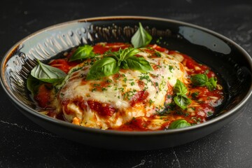 Baked chicken with mozzarella and tomato sauce, in a bowl on a dark background.