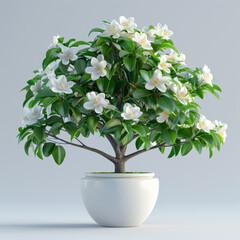 An elegant flowering plant with lush green leaves and delicate white blossoms in a white ceramic pot.