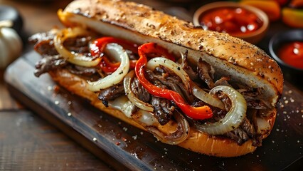 Delicious Philly Cheesesteak with Onions & Peppers. Concept Sandwiches, American cuisine, Food photography, Cheesesteak, Restaurant dishes - obrazy, fototapety, plakaty