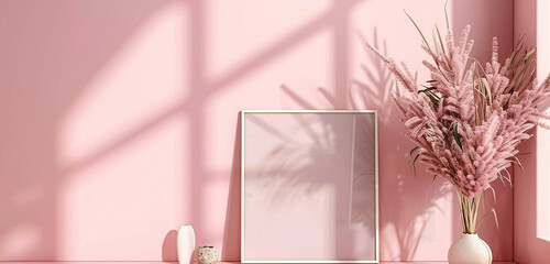 Vertical frame mockup in luxurious golden hue on pastel pink wall. 3D render.