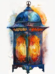 A watercolor painting of a lantern hanging from a chain. Magical Ramadan greeting card design.