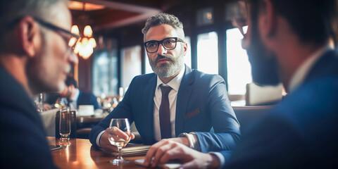 Mature handsome bearded business man wearing glasses having meeting in luxury restaurant with business partners. Discussing important work moments. Web banner template.