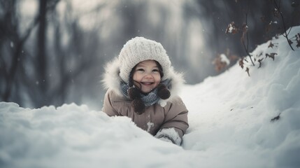 Fototapeta na wymiar Portrait of a little girl in a snowy park. Сhild playing in the winter.