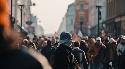 Illustration of street strike demonstration with crowd of activist people. Outdoor big city urban background with protest action. - obrazy, fototapety, plakaty