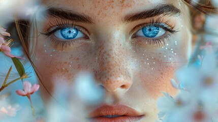 A beautiful woman with blue eyes, double exposure effect, flowers in the background