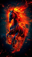 A horse that is running in the fire. A magical creature made of fire on black background.