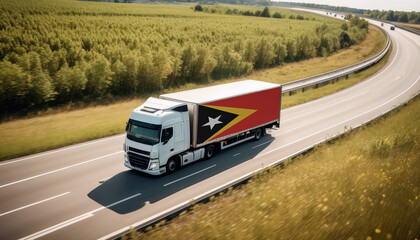 An East Timor-flagged truck hauls cargo along the highway, embodying the essence of logistics and transportation in the East Timor