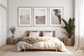 Interior of bedroom with bed, posters, shelving unit, burning candles and houseplants near white wall. High quality photo