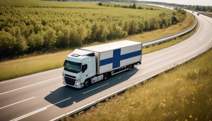An Finland-flagged truck hauls cargo along the highway, embodying the essence of logistics and transportation in the Finland