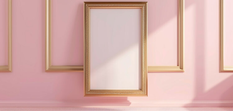 Vertical golden frame mockup on pastel pink wall, elegant ambiance. 3D render.