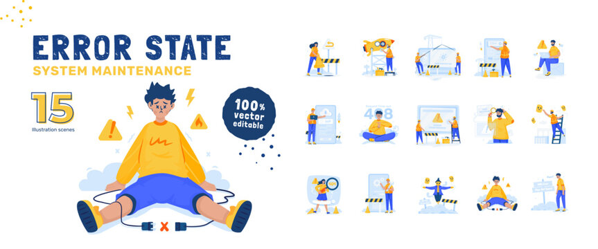 Error state system repair under maintenance illustration set