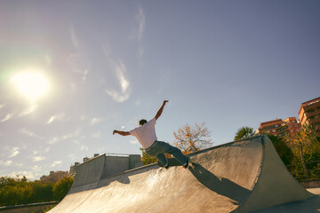 Back view of young skateboarder flies with his board on the ramp of a skate park © Kostiantyn