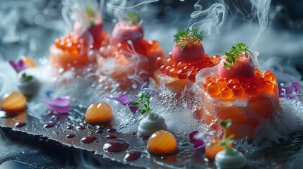 Indulge in the future of dining with a molecular food set presented in the style of a professional...