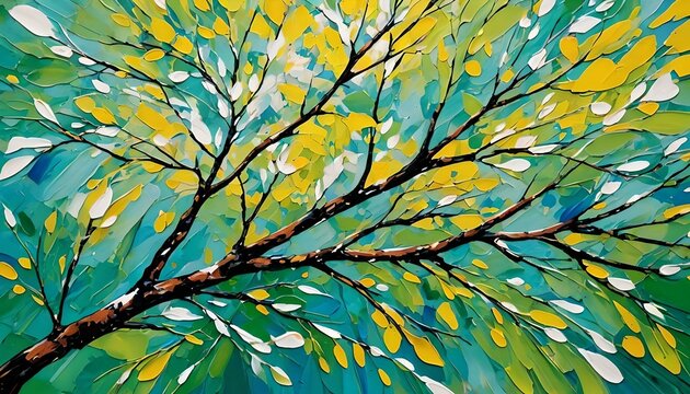 colorful abstract painting,art,sunlight filtering through the foliage,油絵 アート 木 森林 植物 木漏れ
