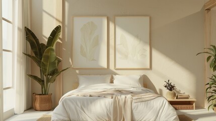 Interior of bedroom with bed, posters, shelving unit, burning candles and houseplants near white wall. High quality photo