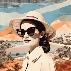 Retro collage portrait of a beautiful woman in hat on the beach.