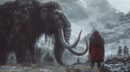 woolly mammoth and hunter from prehistoric ice age  - obrazy, fototapety, plakaty
