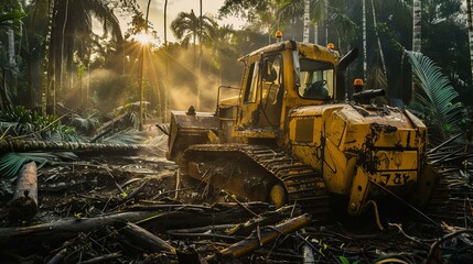 deforestation and logging with bulldozer, habitat destruction - obrazy, fototapety, plakaty
