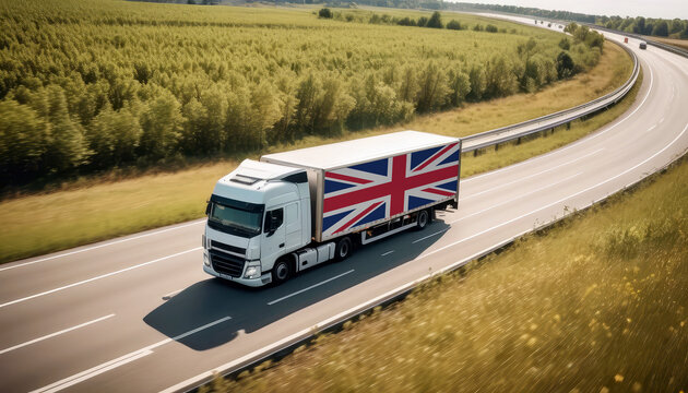 An United Kingdom-flagged truck hauls cargo along the highway, embodying the essence of logistics and transportation in the United Kingdom