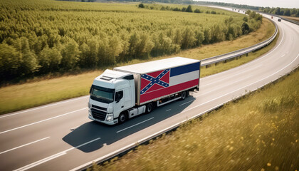 An Mississippi-flagged truck hauls cargo along the highway, embodying the essence of logistics and transportation in the Mississippi