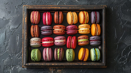 A tray filled with colorful macarons, a delight for the senses.