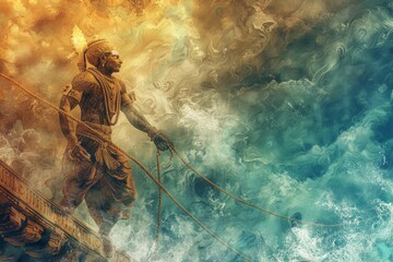 A picture of an artistic composition portraying Hanuman building a bridge across the ocean during the expedition to Lanka