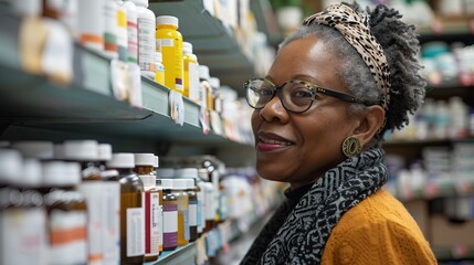 Senior old african american woman, buying medicines from medical store or clinic