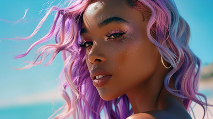 Beautiful black woman with ombre lilac hair style, make up and lashes. Trendy haircuts. Concept Coloring Hair.