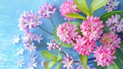 A soothing composition of lilac and pink lilium flowers, scattered across a blue wooden surface.