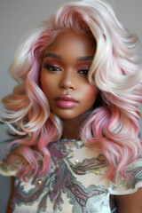 Beautiful black woman with ombre pink blond hair style, make up and lashes. Trendy haircuts. Concept Coloring Hair.