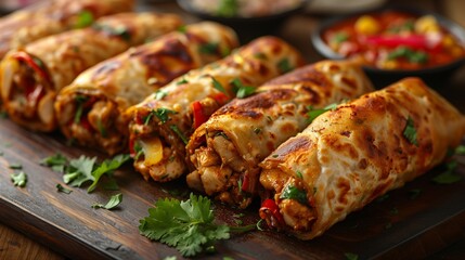 Succulent pieces of chicken and colorful vegetables are expertly rolled into a delectable Desi...