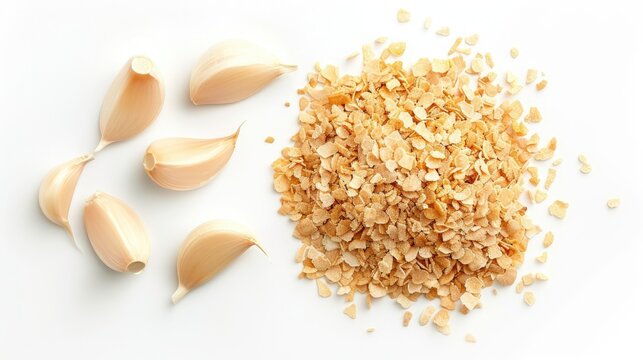 Dehydrated garlic granules and peeled cloves stack on white background seen from above