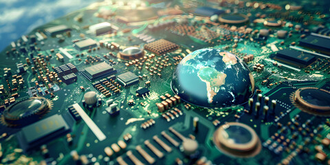Globe Resting on Circuit Board Indicating Global Connectivity and Technology Active world trade world market Global electronic  Board background 
  - obrazy, fototapety, plakaty