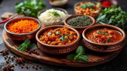 Vibrant spices and aromatic herbs adorn a traditional Indian thali, showcasing the rich diversity and flavors of Desi cuisine